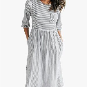 Merokeety 3/4 balloon sleeve striped high waisted T Shirt Midi Dress w/ Pockets